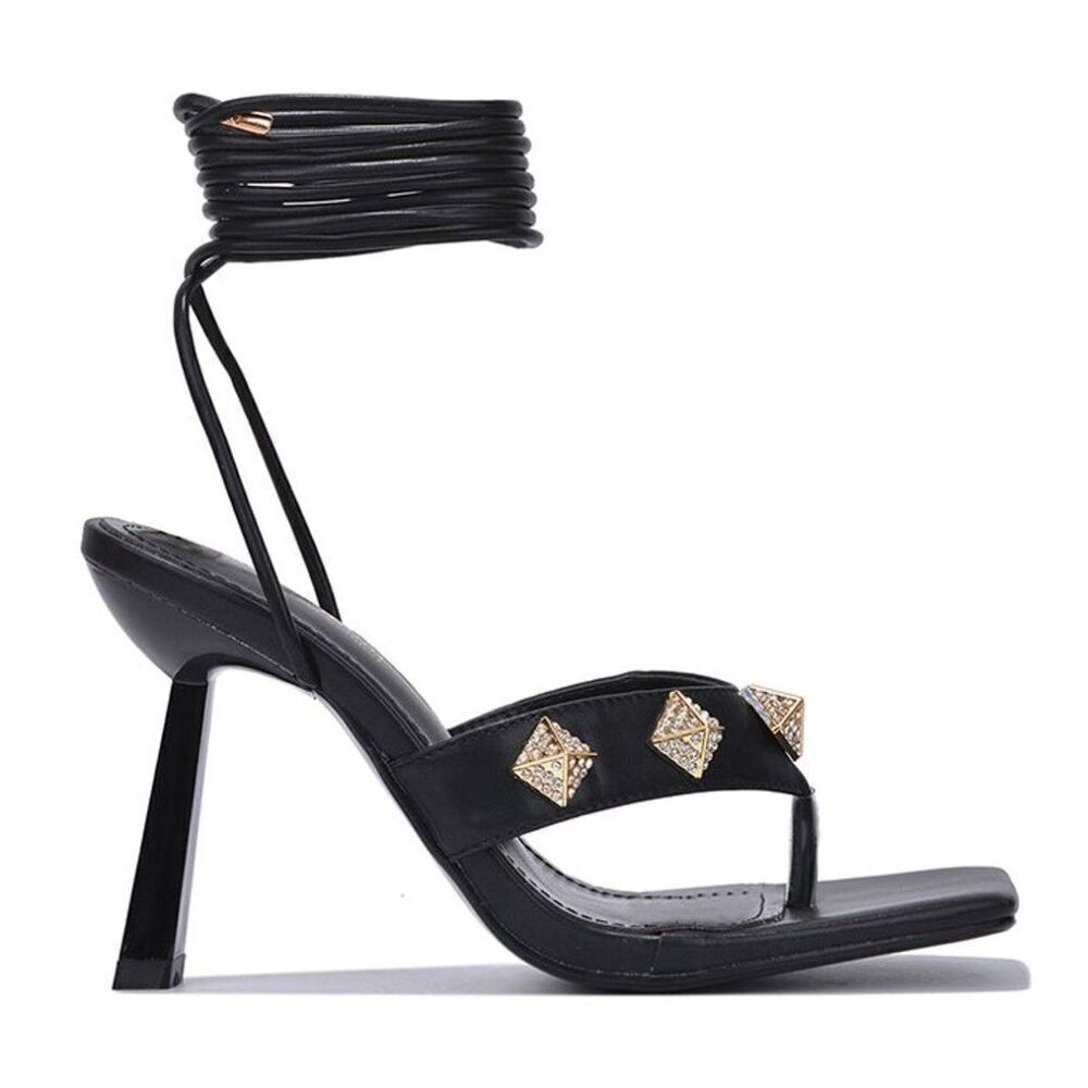 Cape Robbin Black Spike Trim Strappy Thong High Heels 8